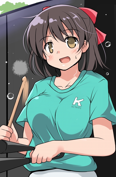 1girl, :d, agogo, bell, black_hair, blue_shirt, bow, brown_eyes