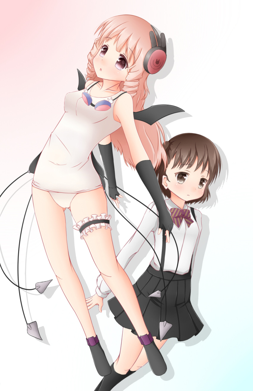 2girls, bangs, bare_shoulders, bat_wings, black_gloves, black_legwear, blush, bow