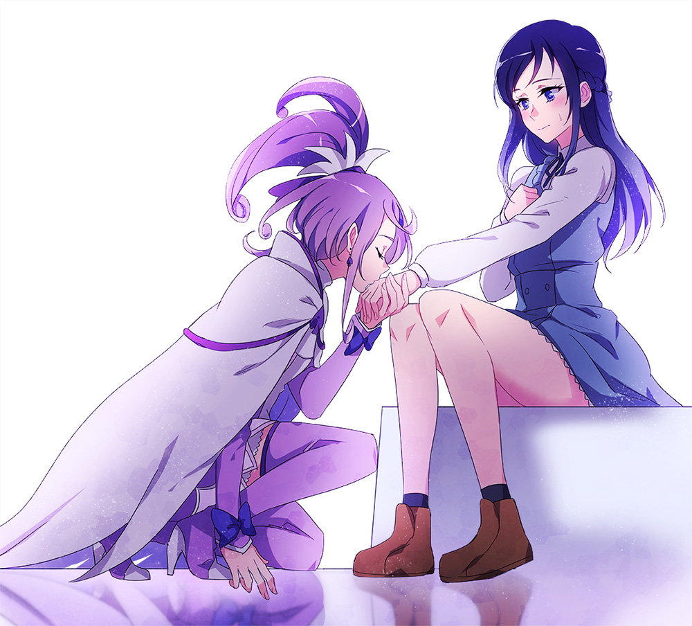 2girls, blue_eyes, blue_hair, blue_skirt, cape, closed_eyes, cure_sword, dokidoki!_precure