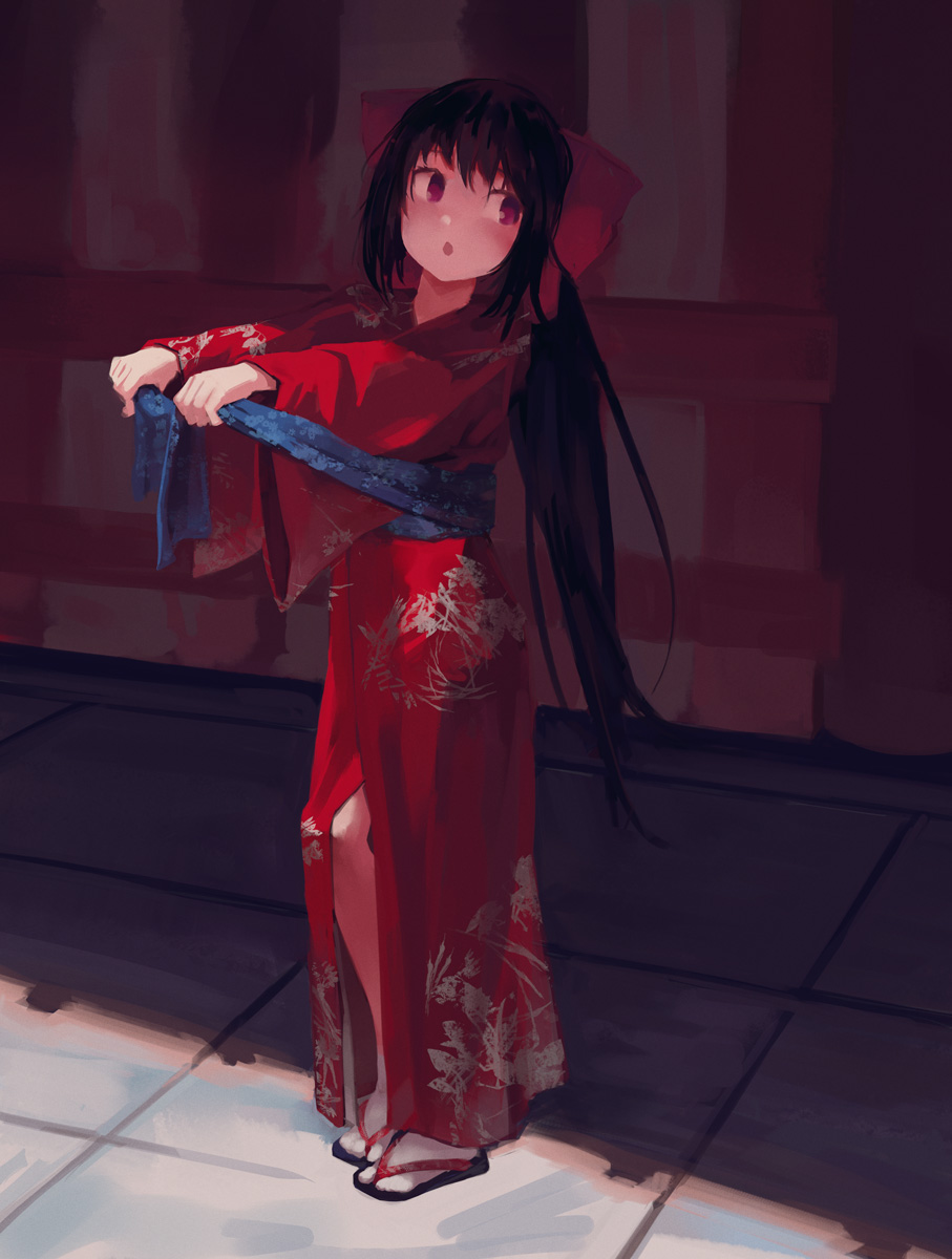 1girl, :o, black_hair, bow, full_body, hair_bow, highres, japanese_clothes