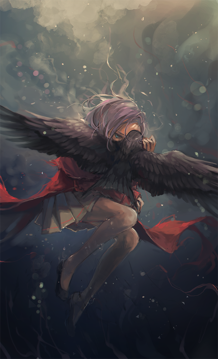 1girl, bird, black_legwear, black_skirt, blue_eyes, full_body, looking_at_viewer, nyanfood