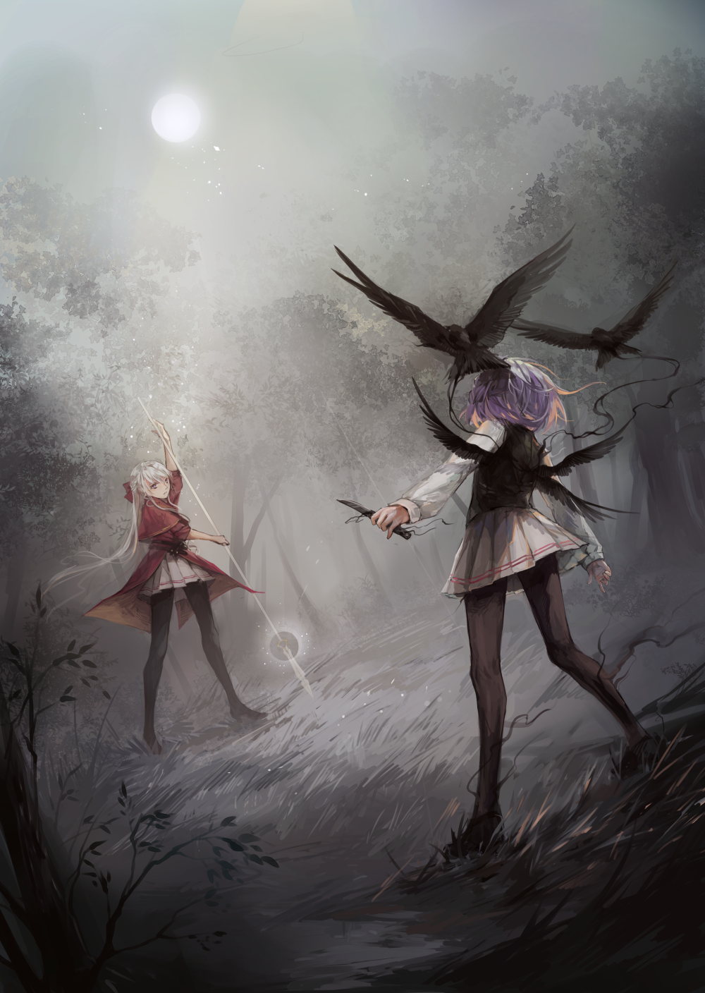 2girls, black_shoes, eye_contact, fighting_stance, grass, hair_ribbon, highres, holding