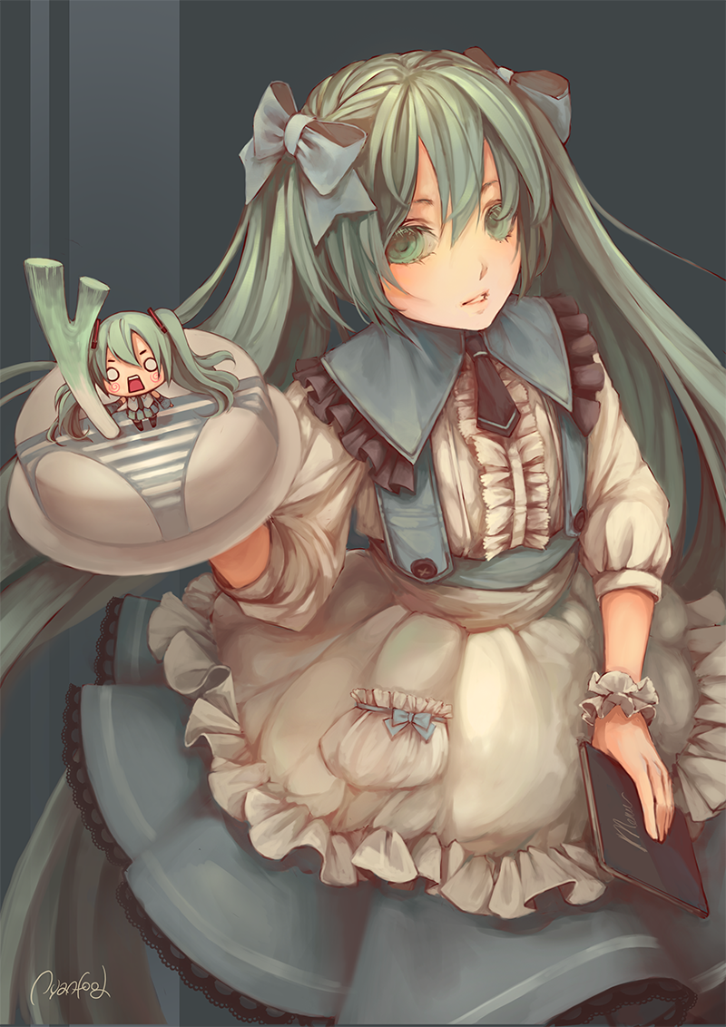 1girl, aqua_eyes, aqua_hair, artist_name, bangs, black_necktie, blue_ribbon, book