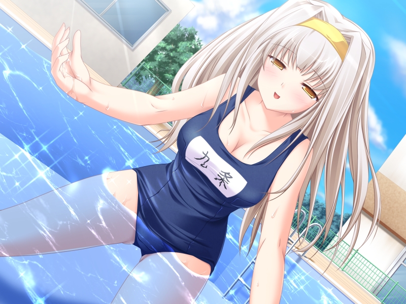 game_cg, hairband, inakoi, kujou_hiina, long_hair, one-piece_swimsuit, pool, school_swimsuit