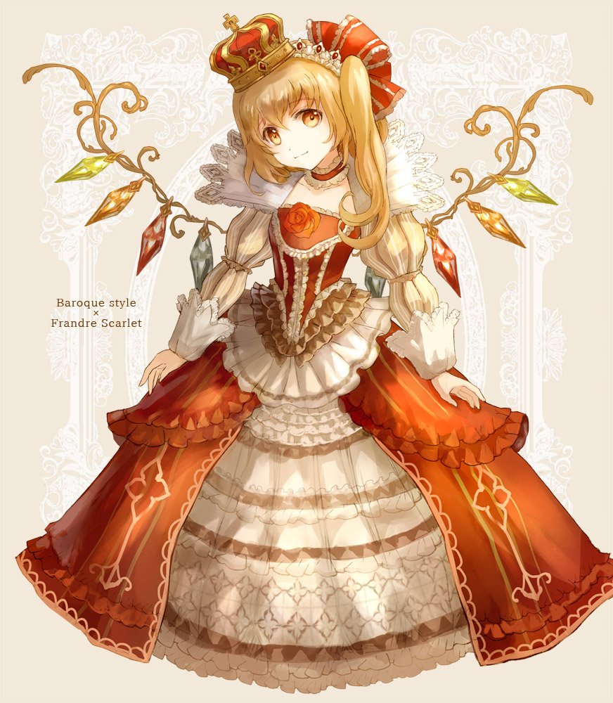 1girl, alternate_costume, blonde_hair, character_name, choker, crown, crystal, dress