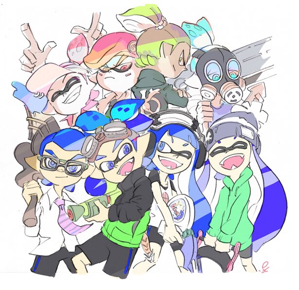 2girls, 6+boys, aloha-kun_(splatoon), aqua_eyes, aqua_hair, army-kun_(splatoon), bangs, beret