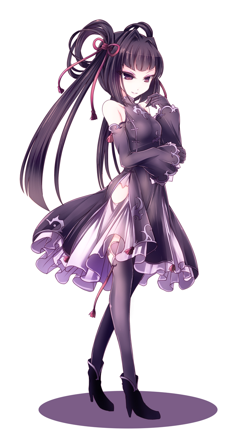 1girl, ankle_boots, bangs, bare_shoulders, black_boots, black_dress, black_eyes, black_gloves