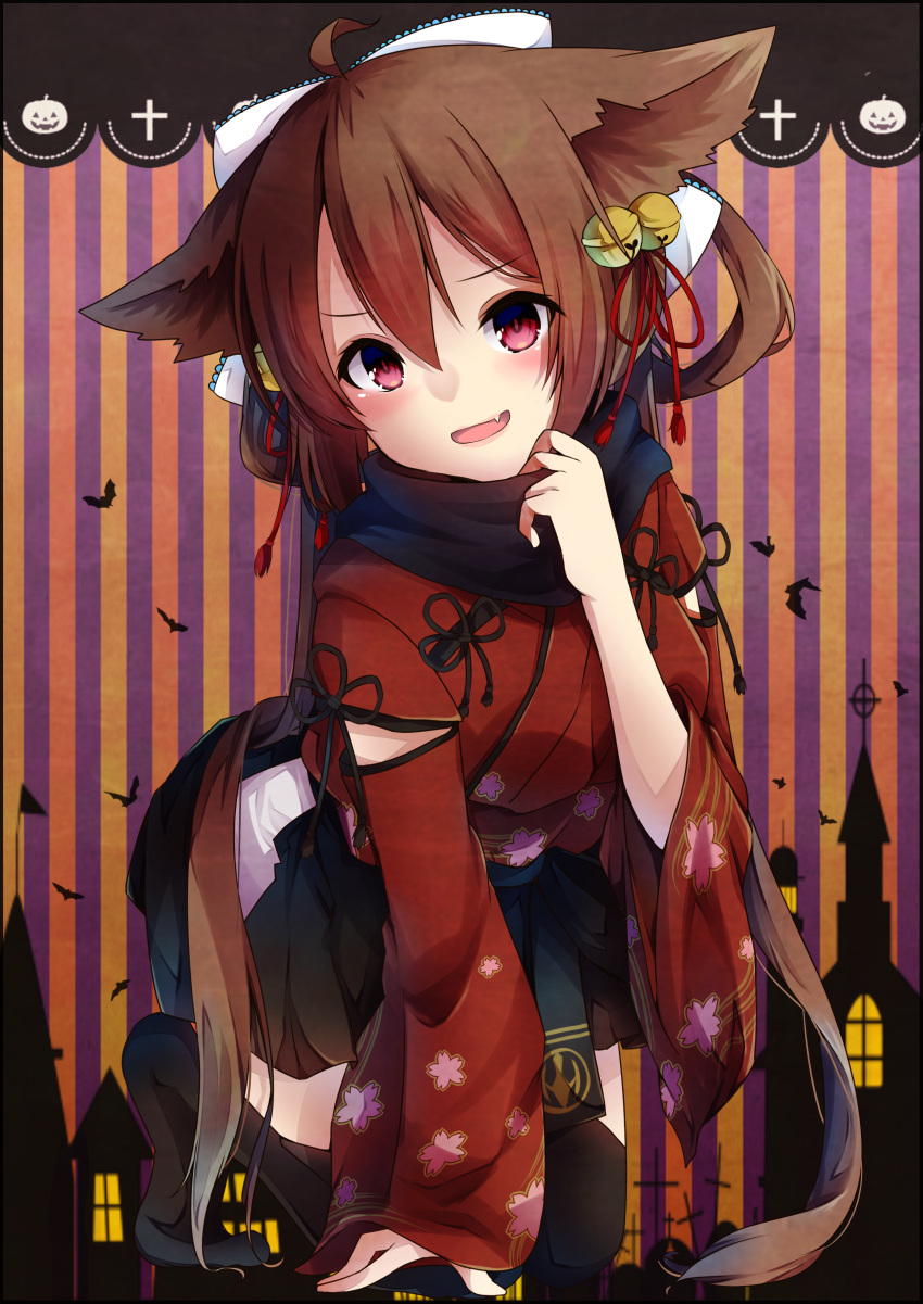 1girl, :d, absurdres, ahoge, amane_tari, animal_ears, bat, bell