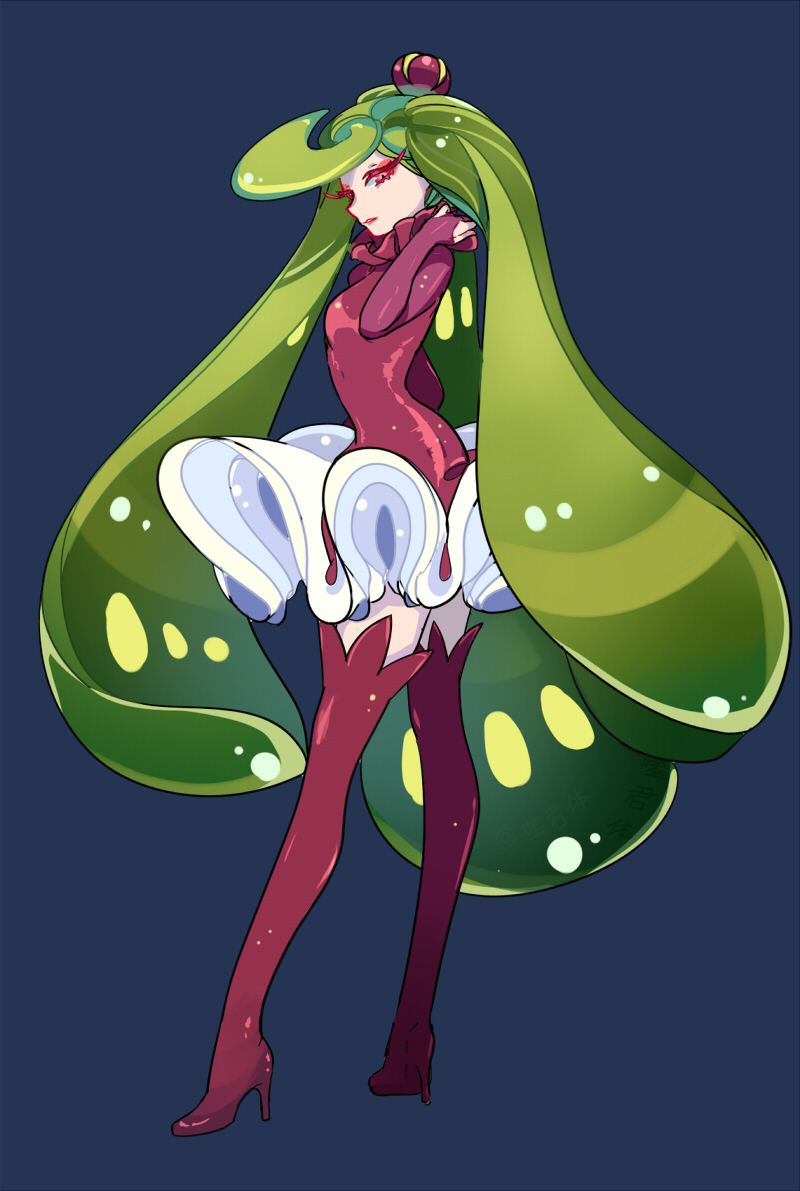 1girl, blue_background, bridal_gauntlets, colored_eyelashes, crown, dawn_church, dress, eyeshadow, frills, full_body, green_hair, high_heels, legs_apart, long_hair, looking_at_viewer, makeup, mini_crown, no_humans, parted_lips, personification, pokemon, pokemon_(game), pokemon_sm, red_dress, red_legwear, red_lips, red_shoes, shoes, short_dress, simple_background, solo, standing, thigh-highs, tsareena, very_long_hair