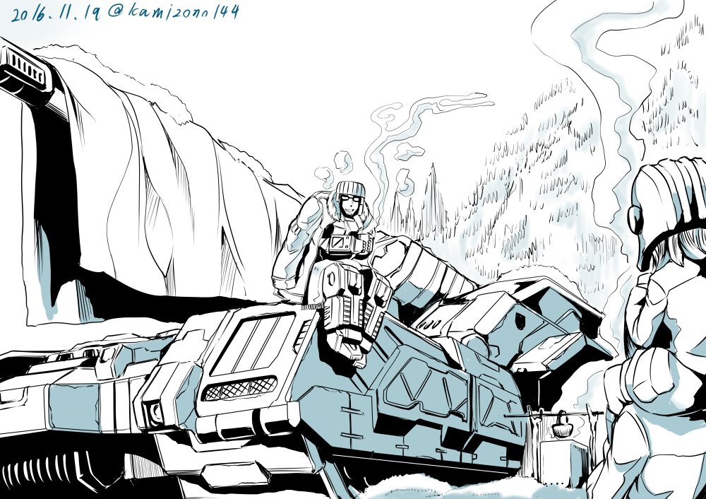 1boy, 2girls, 80s, autobot, breath, cannon, caterpillar_tracks, coat