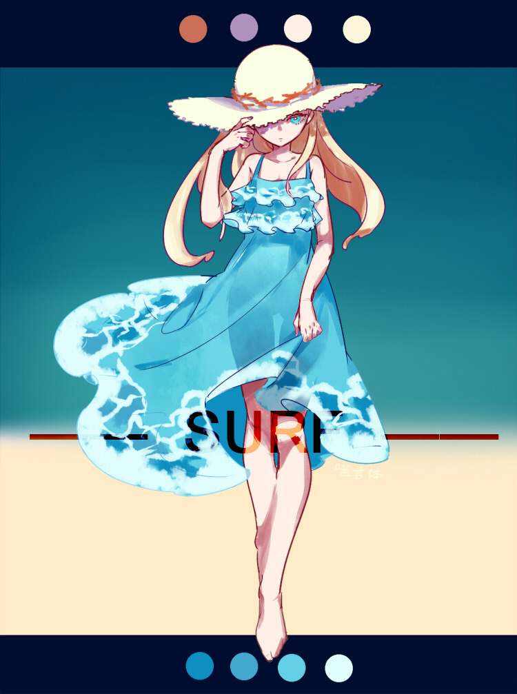 1girl, aqua_eyes, bare_arms, bare_legs, barefoot, blonde_hair, blue_background, blue_dress