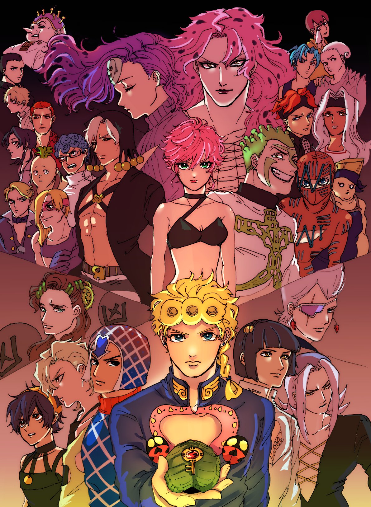 bare_chest, belt_buckle, black_eyes, black_hair, black_lipstick, black_sclera, blonde_hair, blue_hair, bob_cut, bra, braid, breasts, brown_eyes, brown_hair, bruno_buccellati, buckle, carne_(jojo), choker, cioccolata, closed_eyes, coco_jumbo, collarbone, curly_hair, dark_skin, dark_skinned_male, diavolo, earrings, everyone, eyepatch, fat, fishnets, formaggio, gelato, ghiaccio, giorno_giovanna, glasses, green_eyes, green_hair, grin, guido_mista, hair_ornament, hairband, hairclip, hand_on_shoulder, handkerchief, hat, headband, highres, illuso, jean_pierre_polnareff, jewelry, jojo_no_kimyou_na_bouken, kuroi_kemono, leone_abbacchio, lipstick, long_hair, luca_(jojo), makeup, mario_zucchero, mask, melone, midriff, narancia_ghirga, navel, oasis_(stand), open_mouth, pannacotta_fugo, pesci, pink_hair, pink_lipstick, pointy_nose, polka_dot_hair, polpo, prosciutto, purple_hair, quad_tails, red_eyes, redhead, risotto_nero, sale_(jojo), scar, scar_across_eye, scolippi, secco, serious, short_hair, silver_hair, single_braid, small_breasts, smile, sorbet, squalo, stud_earrings, tears, tiziano, trish_una, turtleneck, underwear, vinegar_doppio, white_hair, wiping_tears