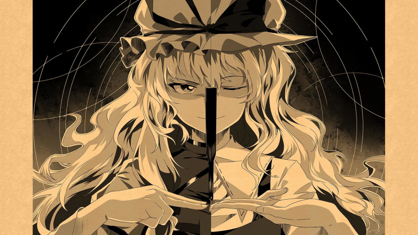 2girls, bangs, bow, closed_mouth, dual_persona, hair_between_eyes, hand_gesture, hat, hat_bow, hat_ribbon, highres, long_hair, long_sleeves, looking_at_viewer, maribel_hearn, mob_cap, monochrome, multiple_girls, neko_(yanshoujie), one_eye_closed, portrait, ribbon, shaded_face, sleeveless, smile, split_theme, the_sealed_esoteric_history, touhou, watatsuki_no_toyohime, yakumo_yukari