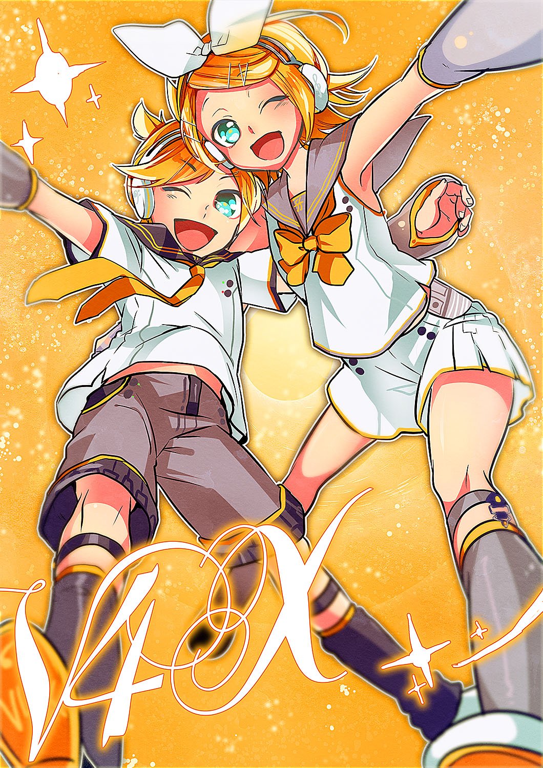 1boy, 1girl, ;d, aqua_eyes, black_shorts, blonde_hair, bow, bowtie
