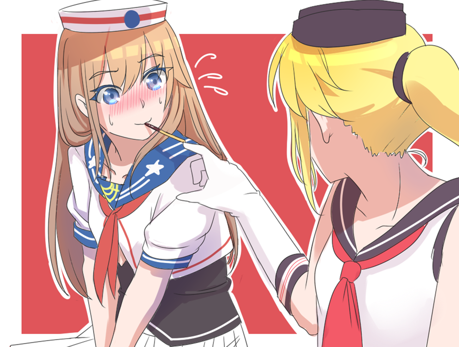 2girls, bare_shoulders, blonde_hair, blue_eyes, blush, brown_hair, feeding, flying_sweatdrops