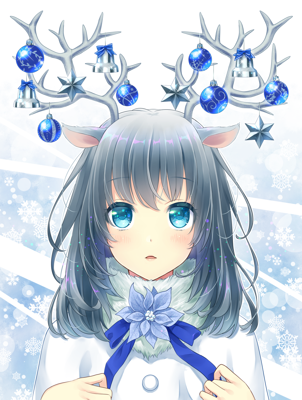 1girl, antlers, aqua_eyes, bangs, bauble, bell, black_hair, blue_bow