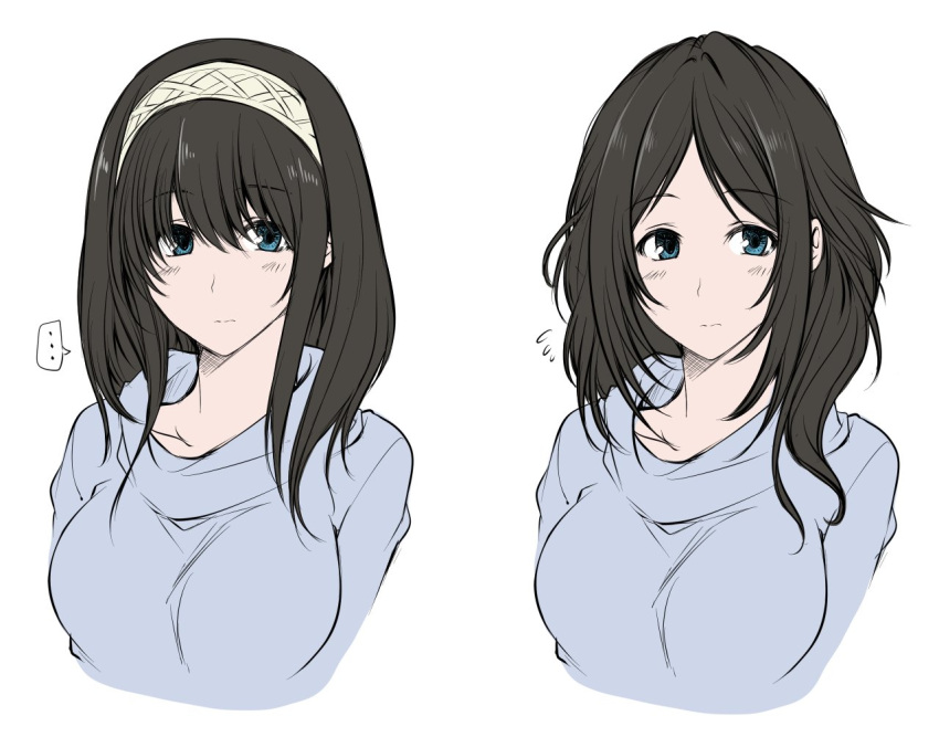 ..., 1girl, alternate_hairstyle, bangs, black_hair, blue_eyes, blue_sweater, breasts