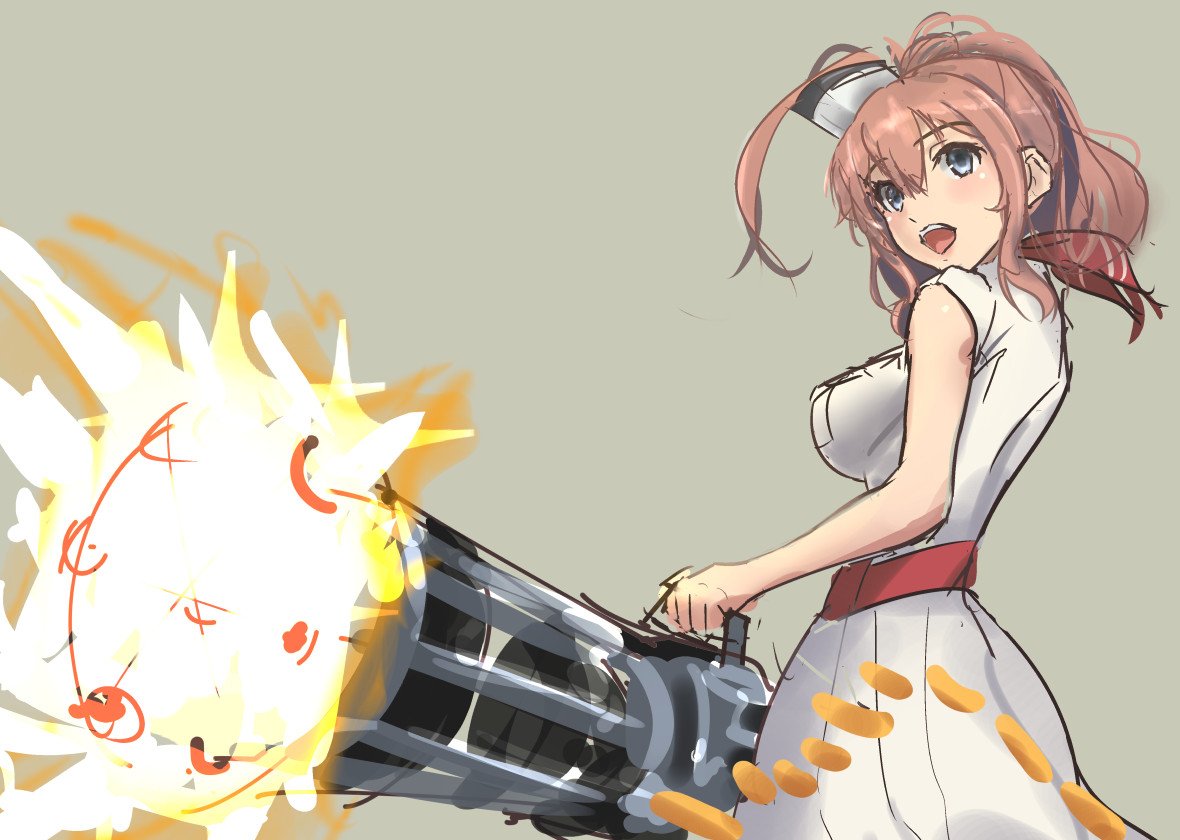1girl, ascot, belt, breast_pocket, brown_hair, dress, firing, from_below