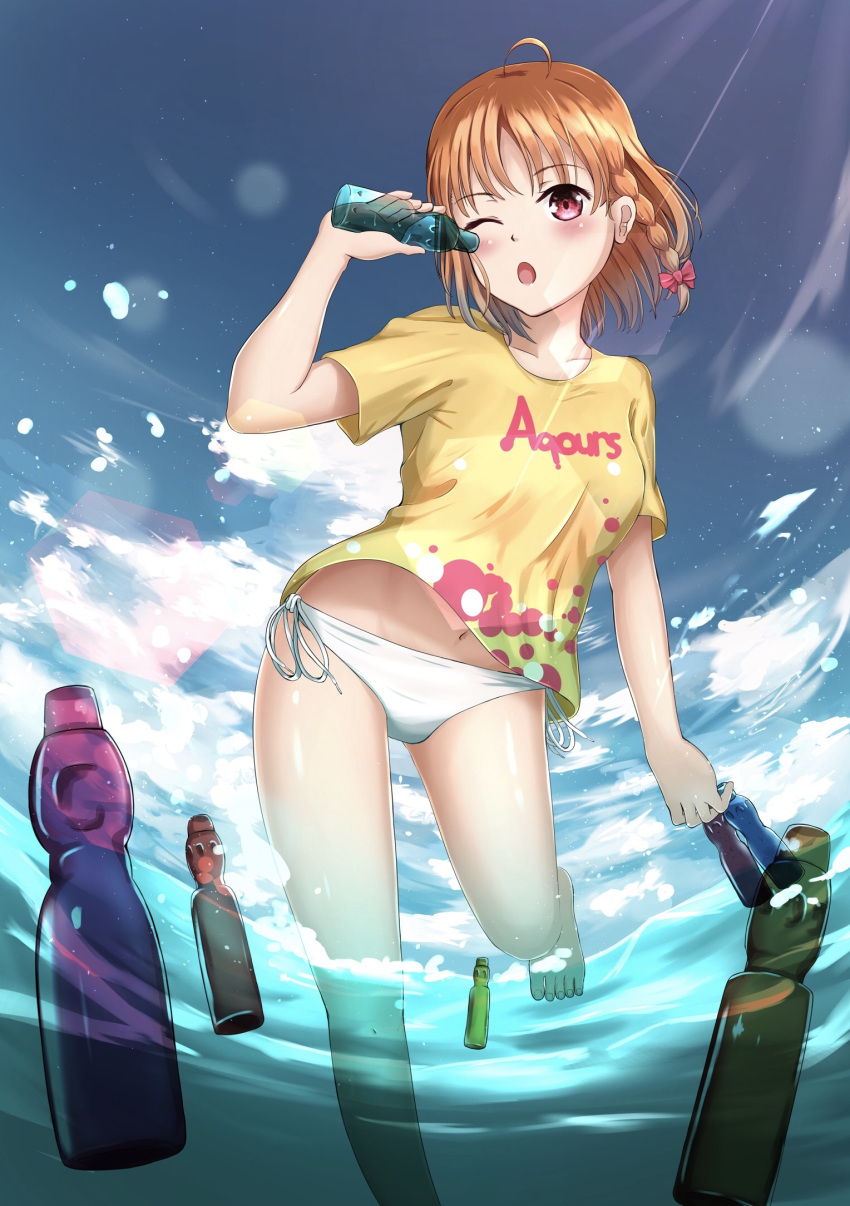 1girl, ;o, ahoge, aoiao, barefoot, belly_peek, bikini, bikini_bottom