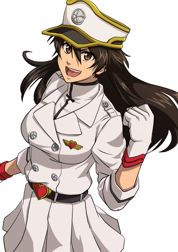 >:d, 1girl, :d, anime_coloring, bambietta_basterbine, belt, black_hair, bleach, breasts, brown_eyes, clenched_hand, gloves, hair_between_eyes, hat, heart, long_hair, looking_at_viewer, medium_breasts, military, military_uniform, namakemono_(u446644k), open_mouth, peaked_cap, skirt, smile, solo, uniform, wandenreich, white_background, white_gloves, white_skirt
