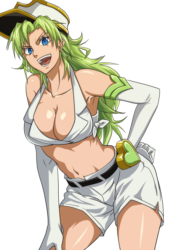 >:d, 1girl, :d, anime_coloring, armpits, bare_shoulders, bleach, blue_eyes, breasts, candice_catnipp, cleavage, collarbone, contrapposto, cowboy_shot, elbow_gloves, gloves, green_hair, groin, hand_on_hip, hat, heart, large_breasts, leaning_forward, long_hair, looking_at_viewer, medium_breasts, military, military_hat, military_uniform, namakemono_(u446644k), navel, open_mouth, peaked_cap, shorts, smile, solo, standing, stomach, uniform, wandenreich, white_background, white_gloves