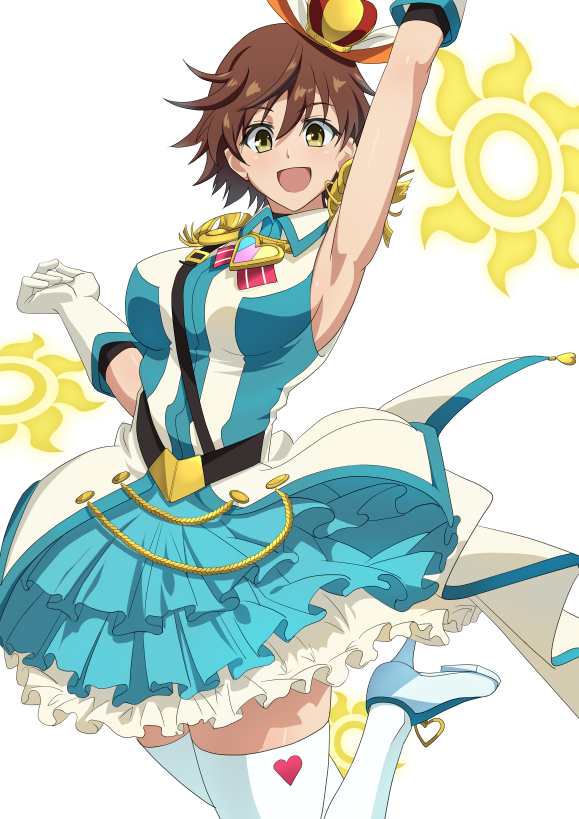 1girl, :d, arm_up, armpits, belt, bent_knees, blue_shoes, blush