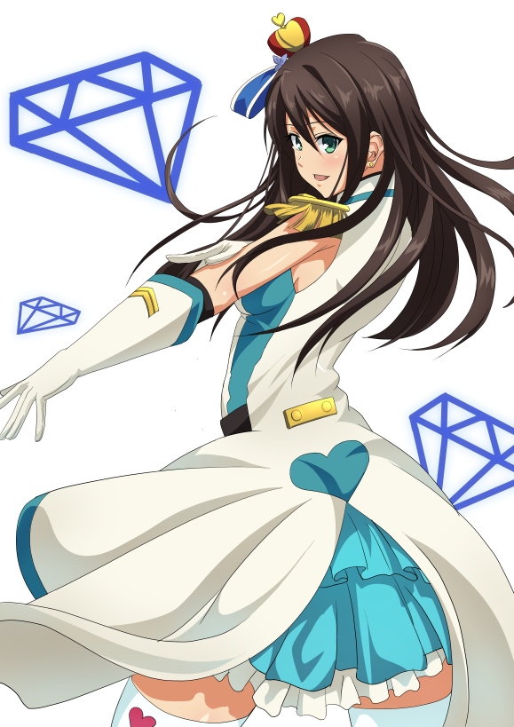 1girl, :d, armpit_peek, black_hair, blush, breasts, cowboy_shot, crystal_night_party