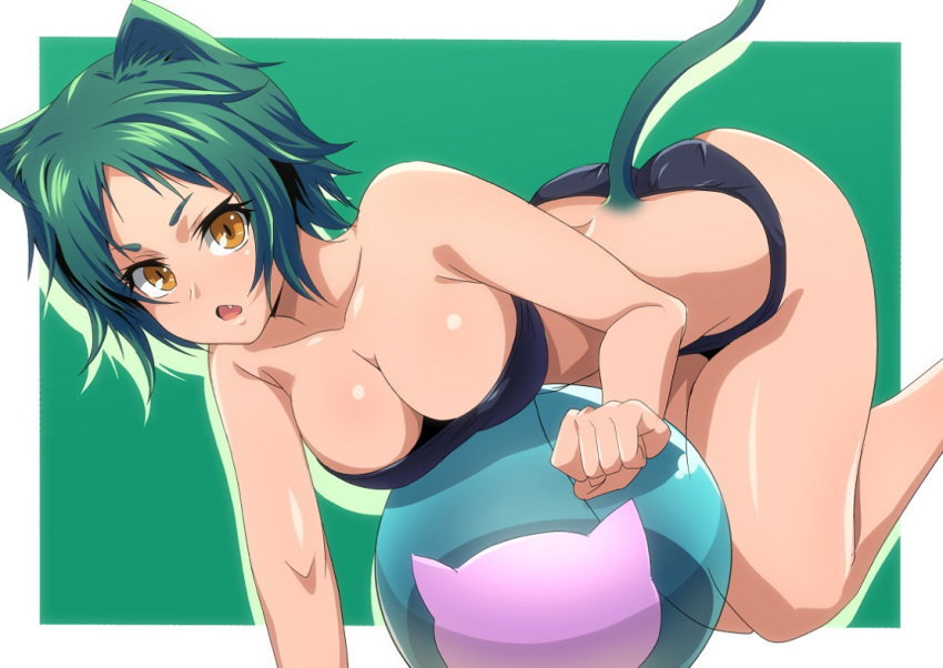 >:o, 1girl, :o, animal_ears, ball, bare_arms, bare_shoulders, beachball
