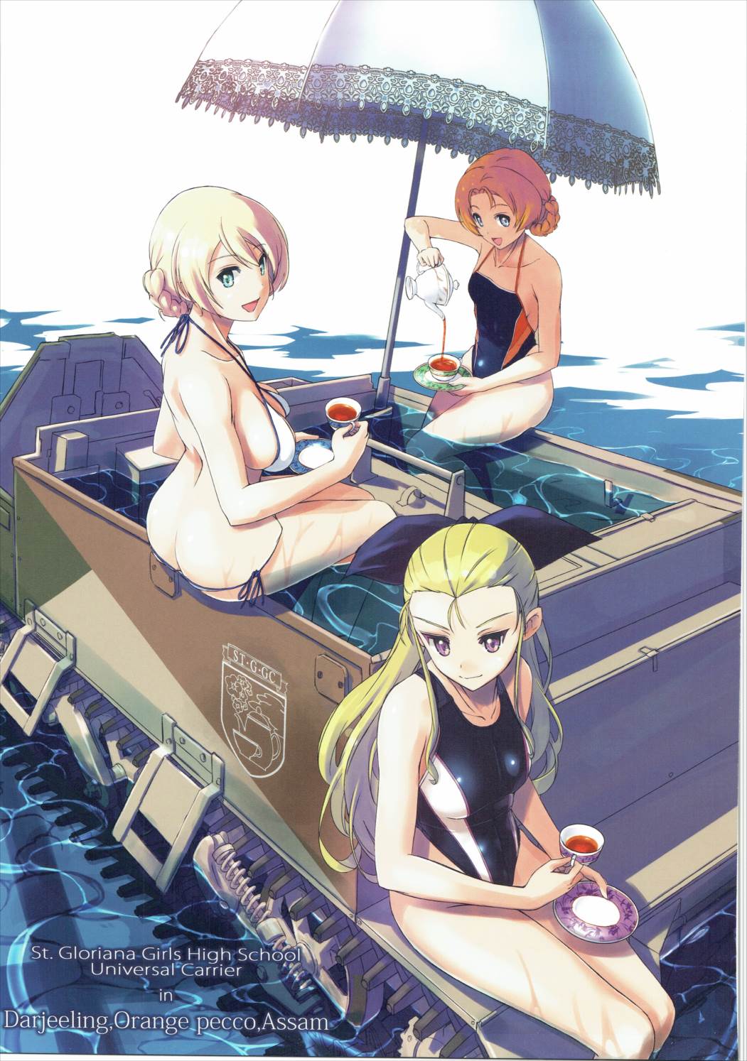 1girl, 3girls, ass, assam, bangs, bikini, blonde_hair, blue_eyes, blue_swimsuit, braid, breasts, butt_crack, character_name, collarbone, cup, darjeeling, english, girls_und_panzer, ground_vehicle, hair_ribbon, hair_slicked_back, highres, holding, holding_cup, large_breasts, light_smile, long_hair, looking_at_viewer, looking_back, motor_vehicle, multiple_girls, nenchi, one-piece_swimsuit, open_mouth, orange_hair, orange_pekoe, pouring, ribbon, saucer, scan, short_hair, side-tie_bikini, sideboob, sitting, small_breasts, smile, solo, st._gloriana's_(emblem), swimsuit, tea, teacup, teapot, thighs, tied_hair, twin_braids, universal_carrier, wading, water, wet, white_bikini