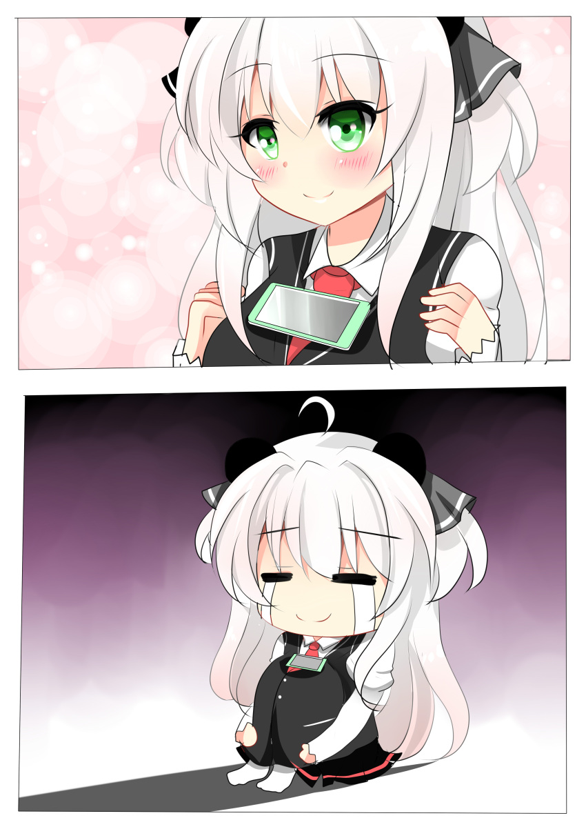 1girl, 2koma, =_=, absurdres, agung_syaeful_anwar, ahoge, black_dress, black_ribbon