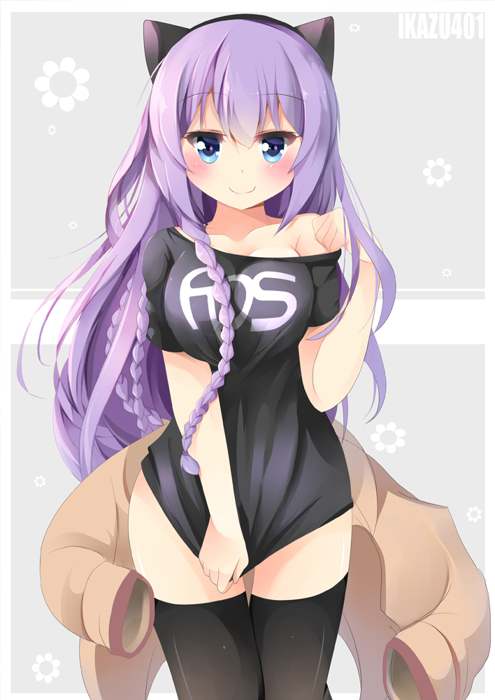 1girl, agung_syaeful_anwar, artist_name, black_legwear, black_shirt, blue_eyes, blush, braid
