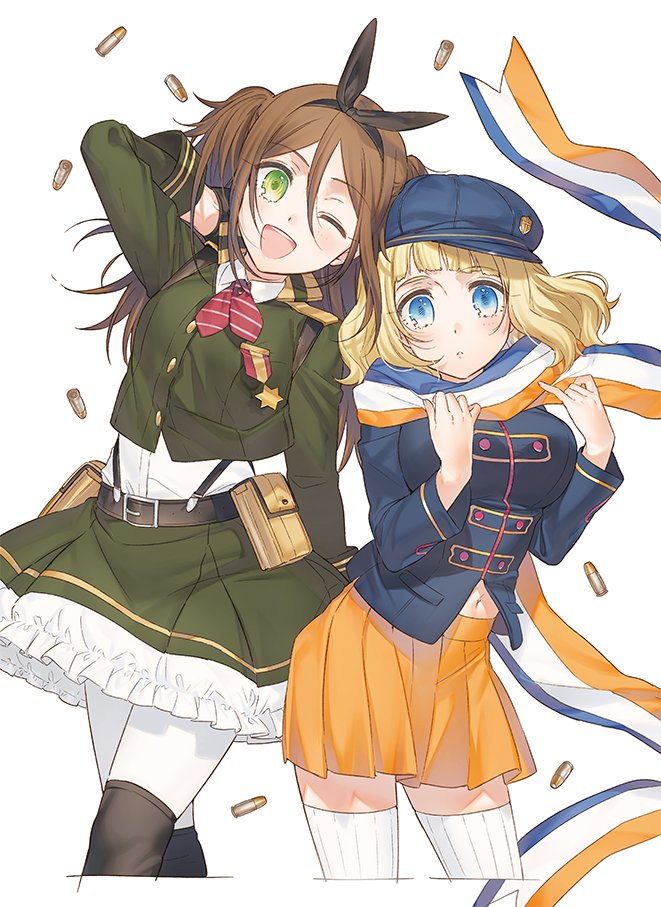 2girls, ;d, belt, blonde_hair, blue_eyes, bow, brown_hair, cosplay
