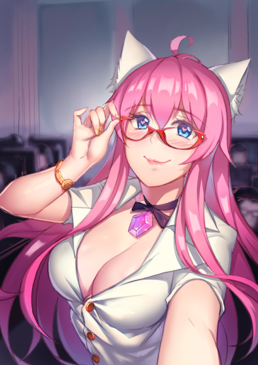 1girl, adjusting_glasses, ahoge, animal_ears, blue_eyes, blush, breasts, cat_ears