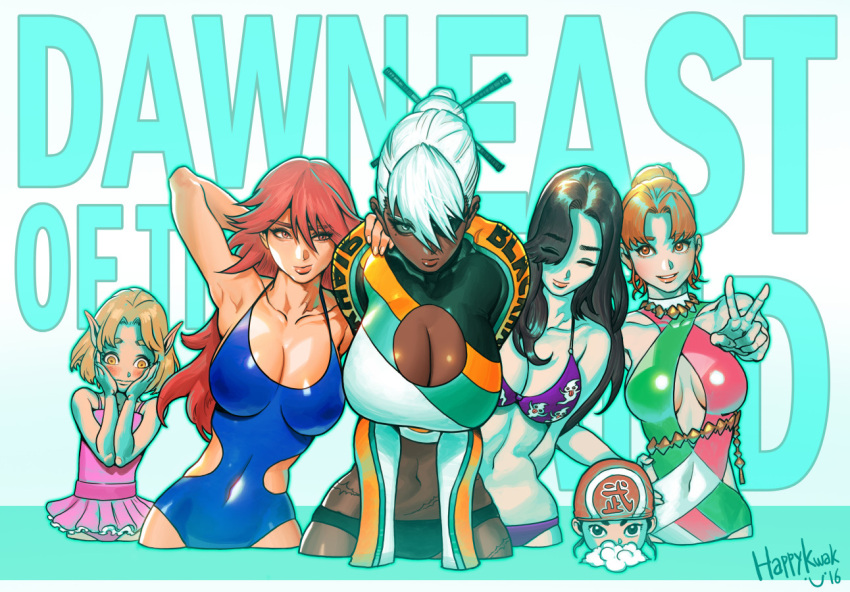 6+girls, arm_behind_back, arm_up, armpits, artist_name, bare_shoulders, bikini, bikini_bottom, black_bikini_bottom, blue_swimsuit, blush, breasts, breasts_apart, brown_eyes, brown_hair, bubble, casual_one-piece_swimsuit, cleavage, cleavage_cutout, closed_eyes, closed_mouth, collarbone, commentary, competition_swimsuit, covered_navel, cowboy_shot, dark_skin, dated, elf, english, eyebrows, eyebrows_visible_through_hair, eyepatch, eyes_visible_through_hair, hair_between_eyes, hair_bun, hair_ornament, hair_over_eyes, hair_stick, hand_on_hip, hands_on_own_cheeks, hands_on_own_face, huge_breasts, jun_sung_kwak, large_breasts, leaning_forward, long_hair, looking_at_viewer, medium_breasts, mole, mole_under_eye, multiple_girls, one-piece_swimsuit, orange_eyes, orange_hair, original, parted_lips, partially_submerged, pink_lips, pink_swimsuit, pointy_ears, purple_bikini, scar, serious, short_hair, skin_tight, smile, swimsuit, v, very_dark_skin, white_hair