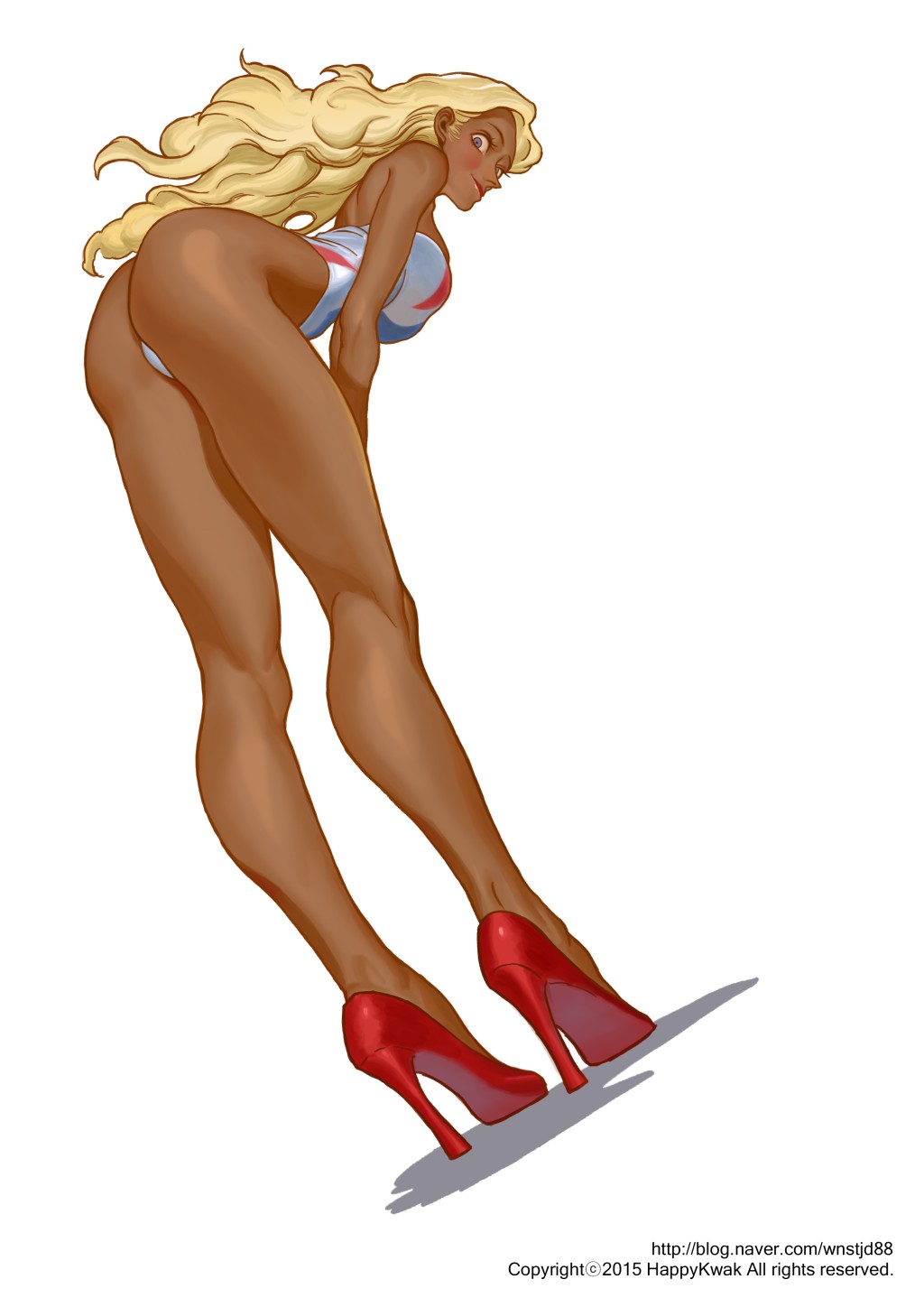 1girl, arched_back, artist_name, ass, bare_shoulders, bent_over, blonde_hair, breasts
