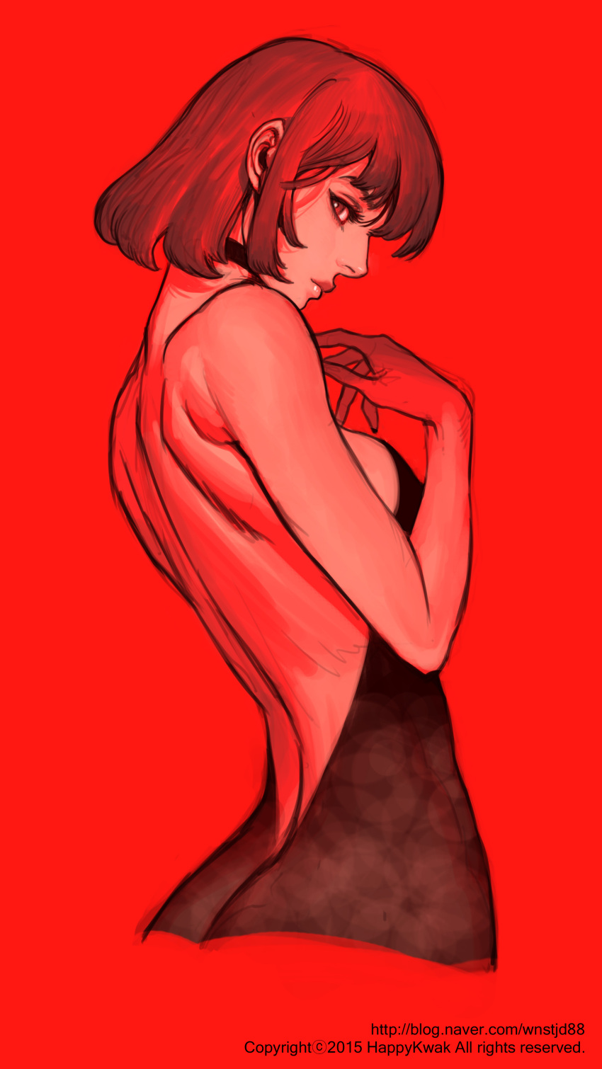 1girl, absurdres, artist_name, back, bangs, bare_shoulders, black_dress, black_nails