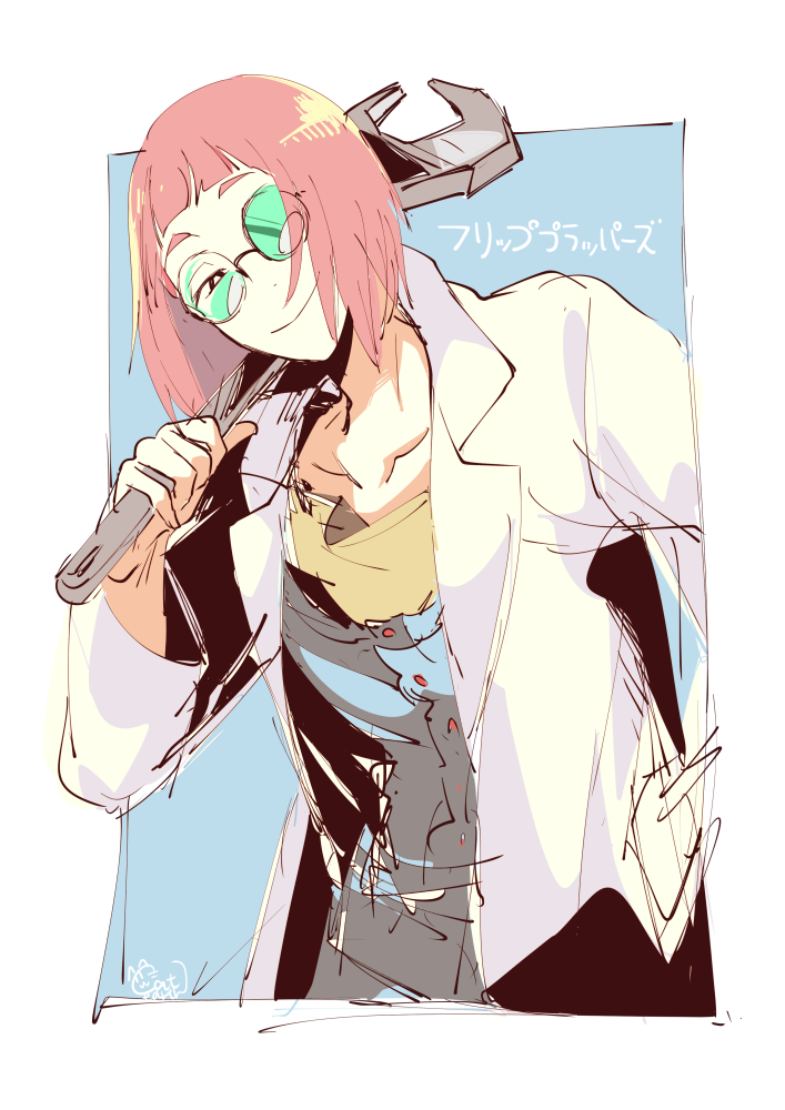 1boy, blue_background, copyright_name, flip_flappers, glasses, hand_in_pocket, hidaka_(flip_flappers), labcoat