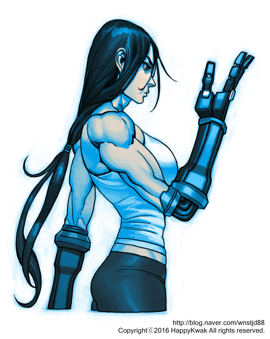 1girl, bare_shoulders, biceps, black_eyes, black_hair, black_legwear, black_pants, breasts