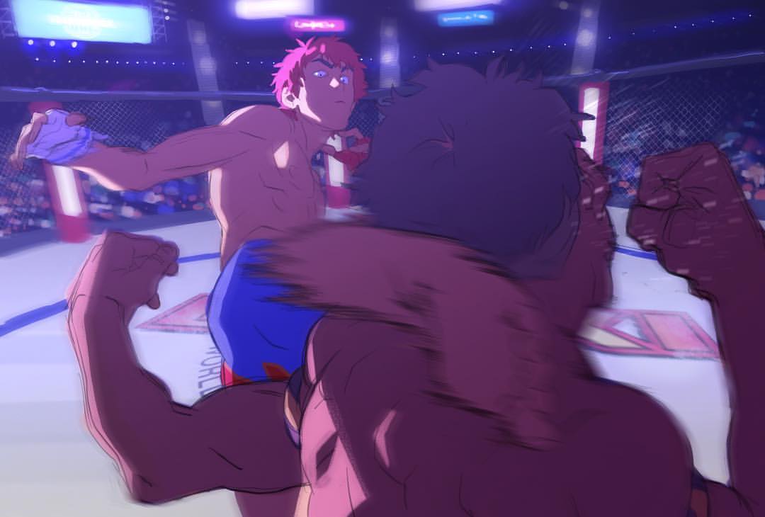 2boys, buriki_one, fighting, joaquim_dos_santos, kickboxing, kicking, male_focus, motion_blur