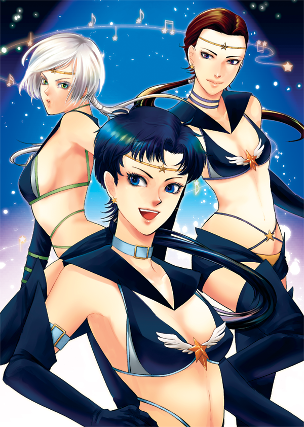 3girls, :d, bangs, bishoujo_senshi_sailor_moon, black_gloves, black_hair, brown_hair, choker, circlet, closed_eyes, earrings, elbow_gloves, from_side, gloves, jewelry, long_hair, looking_at_viewer, low_ponytail, midriff, multiple_girls, musical_note, open_mouth, parted_bangs, ponytail, sailor_star_fighter, sailor_star_healer, sailor_star_maker, sasi_(prgr_rg), seiya_kou, silver_hair, smile, star, star_earrings, stud_earrings, taiki_kou, teeth, white_hair, yaten_kou