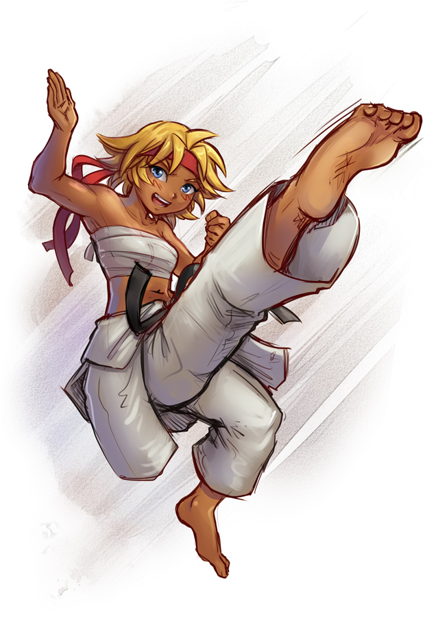 barefoot, blonde_hair, blue_eyes, blush, dark_skin, dougi, feet, fighting_stance