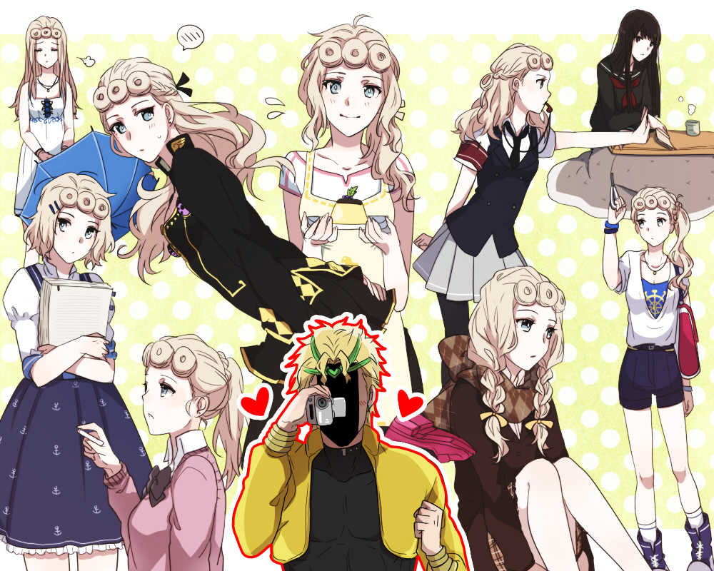 1boy, 1girl, alternate_hair_color, alternate_hairstyle, blonde_hair, blue_eyes, braid, camcorder, dio_brando, dress, father_and_daughter, food, genderswap, genderswap_(mtf), giorno_giovanna, heart, jojo_no_kimyou_na_bouken, long_hair, multiple_views, pantyhose, pudding, scarf, school_uniform, short_hair, side_ponytail, skirt, u_rei_3, umbrella, uniform