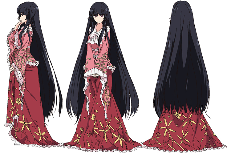 1girl, bangs, black_hair, blunt_bangs, bow, bowtie, character_sheet, collarbone, expressionless, female, floral_print, frilled_skirt, frilled_sleeves, frills, from_behind, from_side, full_body, hand_up, hime_cut, houraisan_kaguya, long_hair, long_skirt, long_sleeves, looking_at_viewer, multiple_views, neko_(yanshoujie), own_hands_together, princess, profile, red_eyes, red_skirt, sidelocks, simple_background, skirt, skirt_hold, solo, standing, the_sealed_esoteric_history, touhou, turnaround, very_long_hair, white_background, white_bow, white_bowtie, wide_sleeves