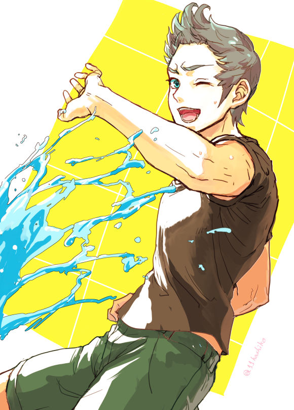 1boy, alternate_costume, armpit_peek, artist_name, blue_eyes, cyrus_(fire_emblem_if), fire_emblem, fire_emblem_if