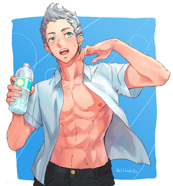 1boy, abs, alternate_costume, artist_name, blue_hair, blush, bottle, cyrus_(fire_emblem_if), drink, fire_emblem, fire_emblem_if, green_eyes, hashiko_(neleven), male_focus, nipples, open_clothes, open_mouth, open_shirt, shirt, shirtless, solo, teeth, twitter_username, upper_body, water_bottle