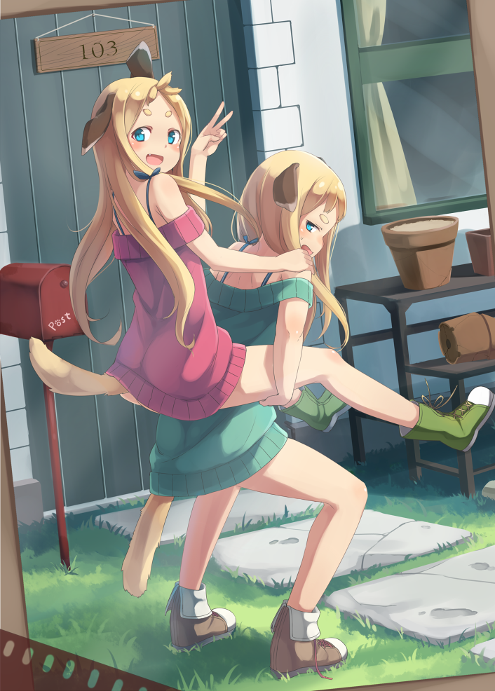 2girls, animal_ears, ass, bare_legs, blonde_hair, blue_eyes, blush, boots