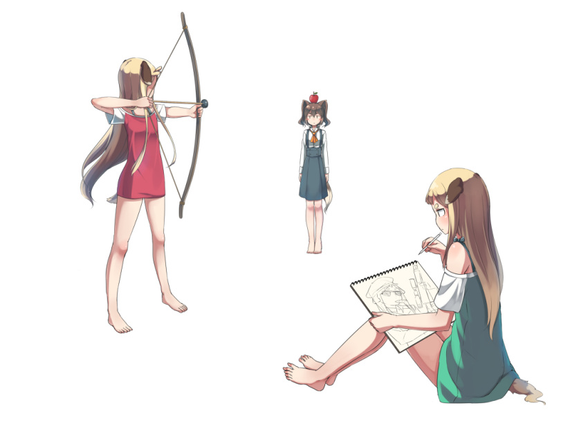 3girls, animal_ears, apple_on_head, arms_at_sides, arrow, barefoot, blonde_hair, blush