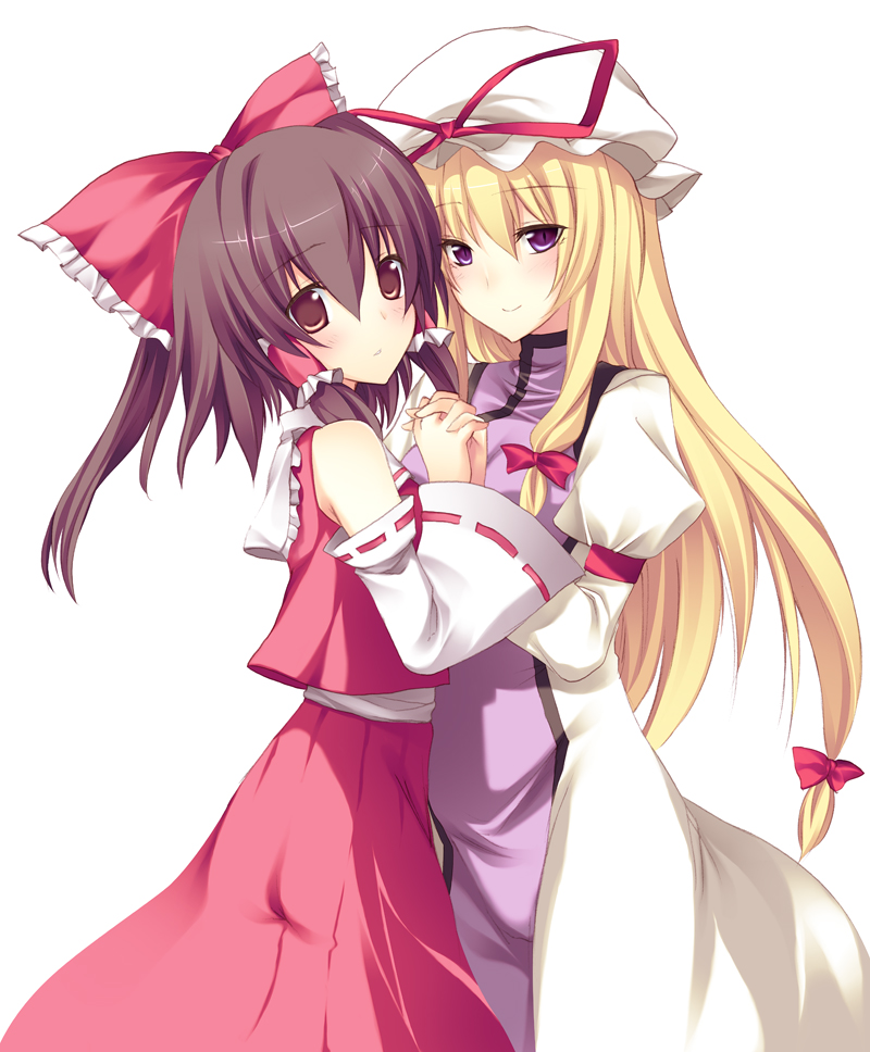 ani_(artist), anii, black_hair, blonde_hair, bow, brown_hair, detached_sleeves, hakurei_reimu