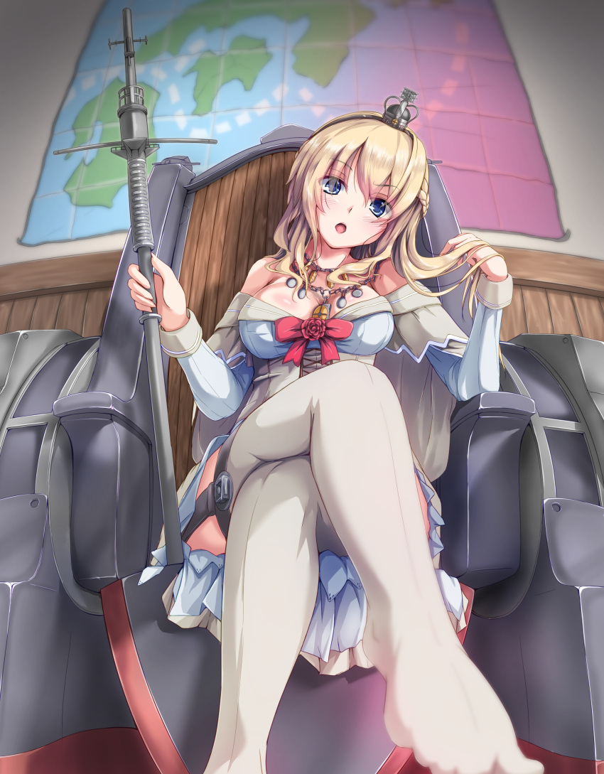 1girl, absurdres, blonde_hair, blue_eyes, blurry, braid, corset, crown, depth_of_field, dress, feet, french_braid, garter_straps, highres, kantai_collection, legs_crossed, long_hair, long_sleeves, maimu_(gol-em-1226), map, mini_crown, no_shoes, off-shoulder_dress, off_shoulder, pov_feet, sitting, solo, thigh-highs, warspite_(kantai_collection), white_dress, white_legwear