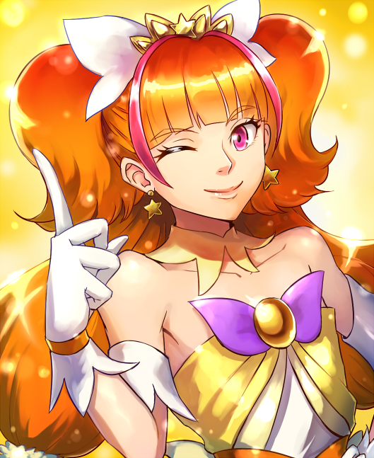 1girl, ;), amanogawa_kirara, bare_shoulders, cure_twinkle, detached_collar, eyebrows, eyebrows_visible_through_hair